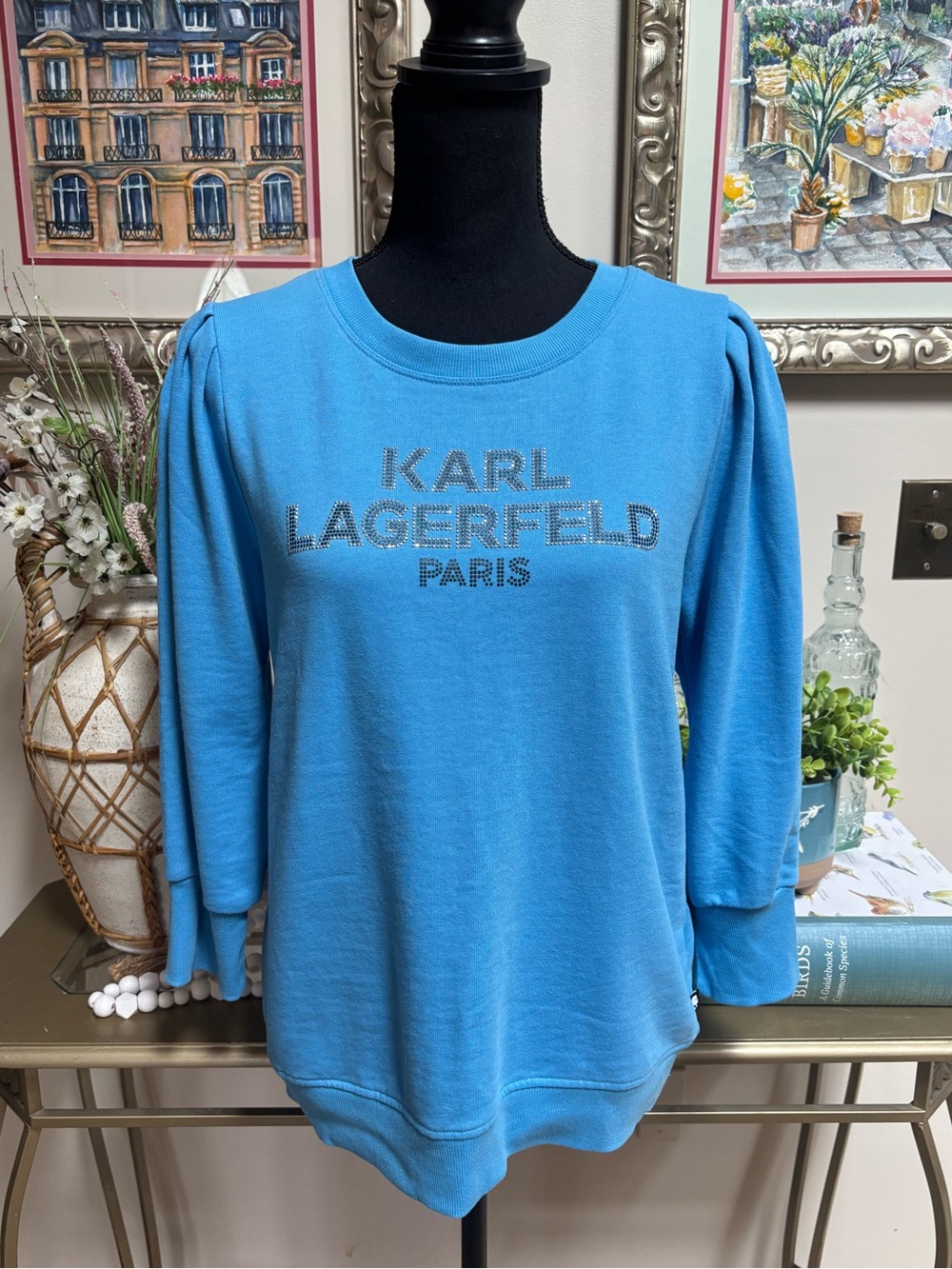 Karl Lagerfeld Blue Crystal Embellished Logo Puff Sleeve Pullover Sweatshirt